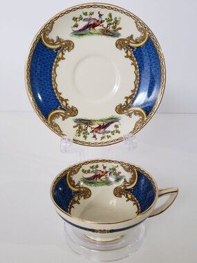 Myott Vintage Staffordshire Chelsea Bird in Blue English Cup Saucer Set